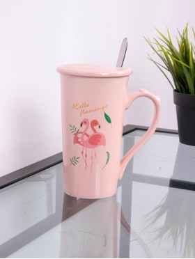 Flamingo Print Mug with Spoon & Lid